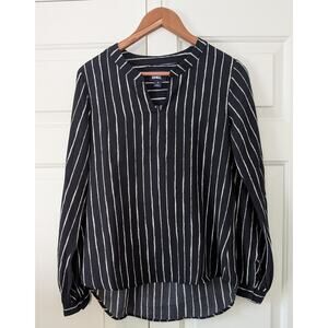 Lands' End Women's Shirred Long Sleeve Stripe Split Neck Blouse
